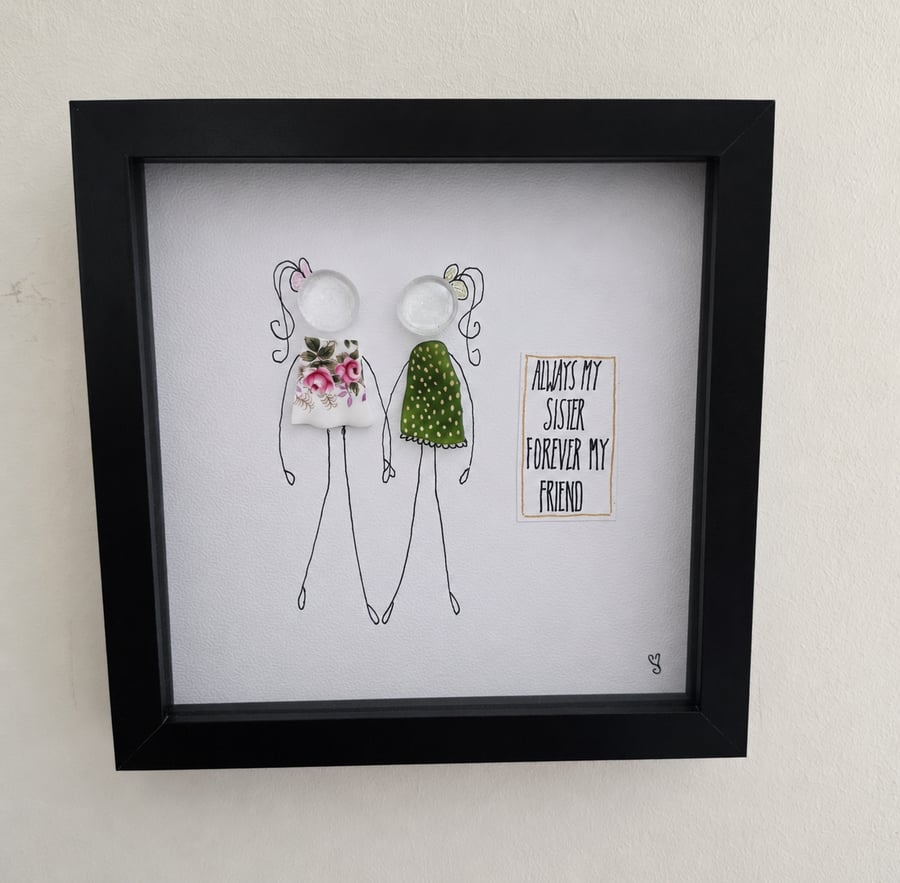 Always My Sister Forever My Friend Sea Glass & Vintage China Shadow Box
