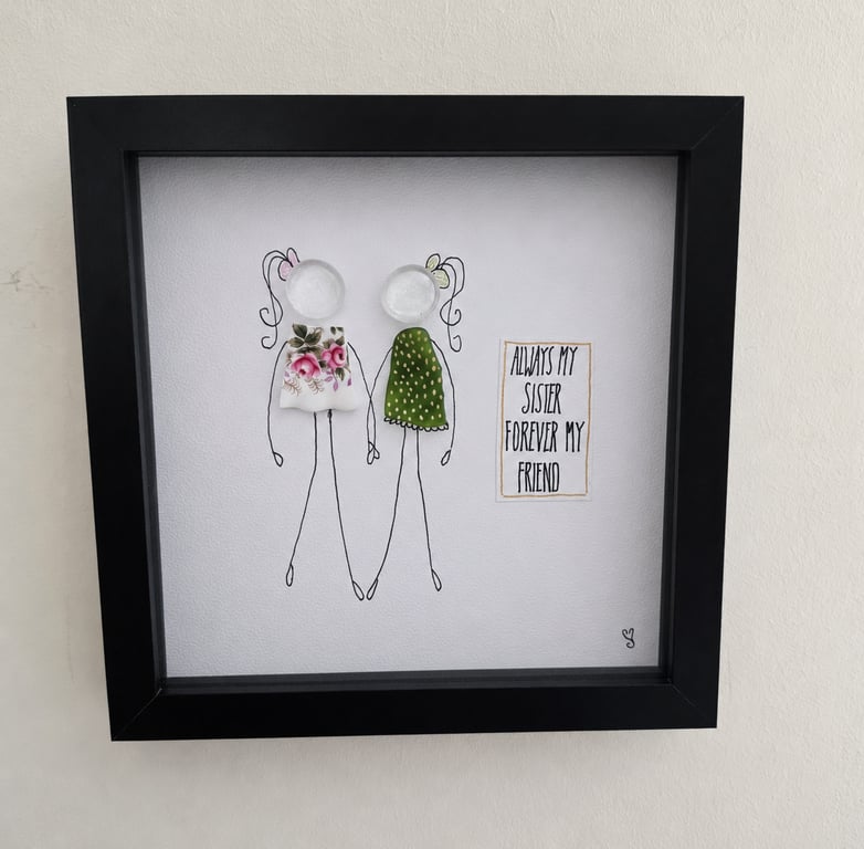 Always My Sister Forever My Friend Sea Glass & Vintage China Shadow Box