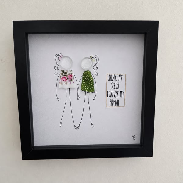 Always My Sister Forever My Friend Sea Glass & Vintage China Shadow Box