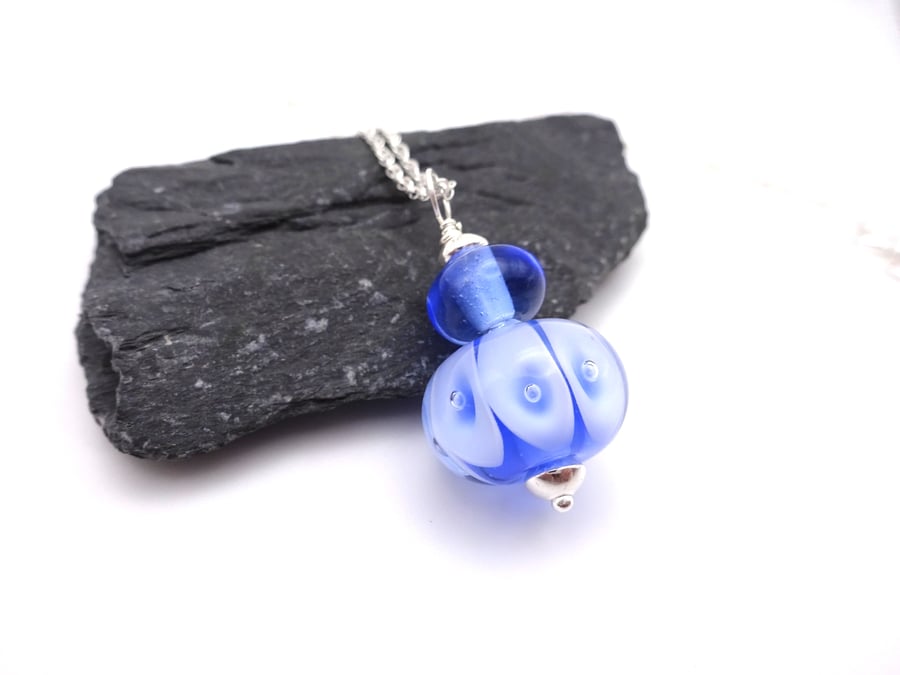 lampwork glass pendant necklace, light blue bubbles