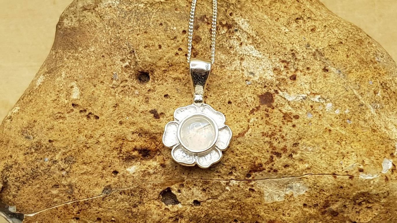 Tiny Rainbow Moonstone flower Pendant. Reiki jewellery. June birthstone
