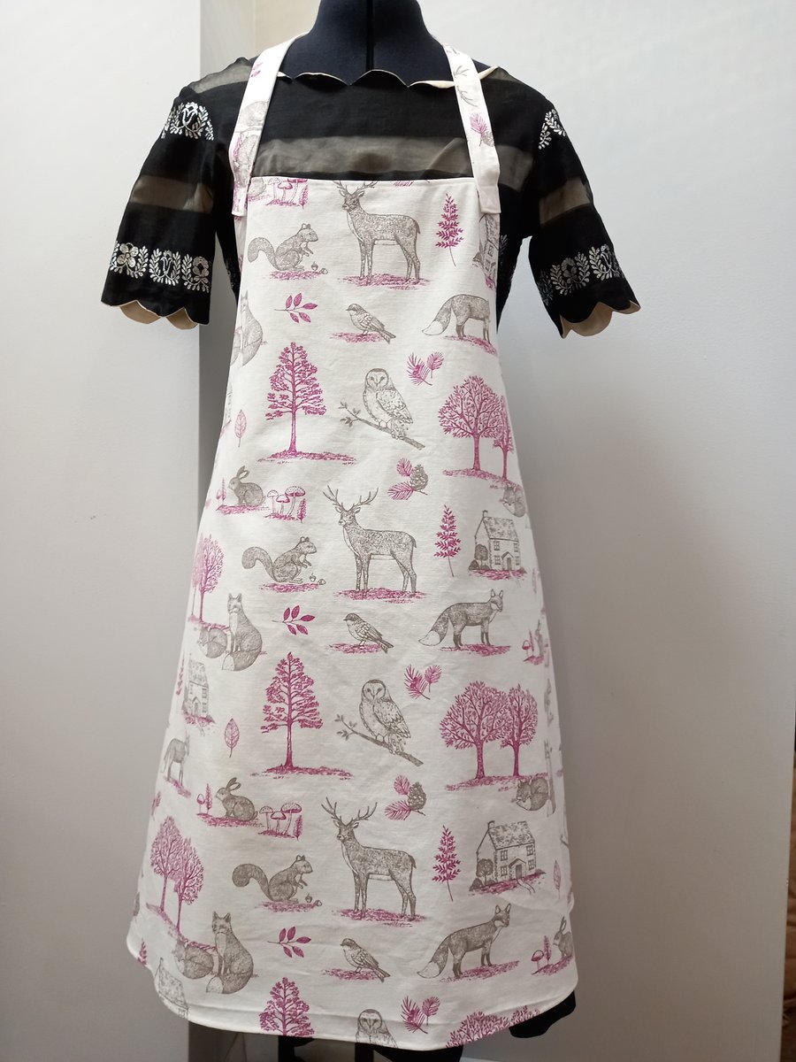 Upcycled country kitchen apron in woodland creatures fabric - fox rabbit deer
