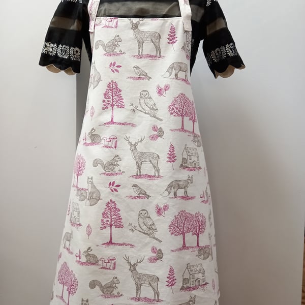 Upcycled country kitchen apron in woodland creatures fabric - fox rabbit deer