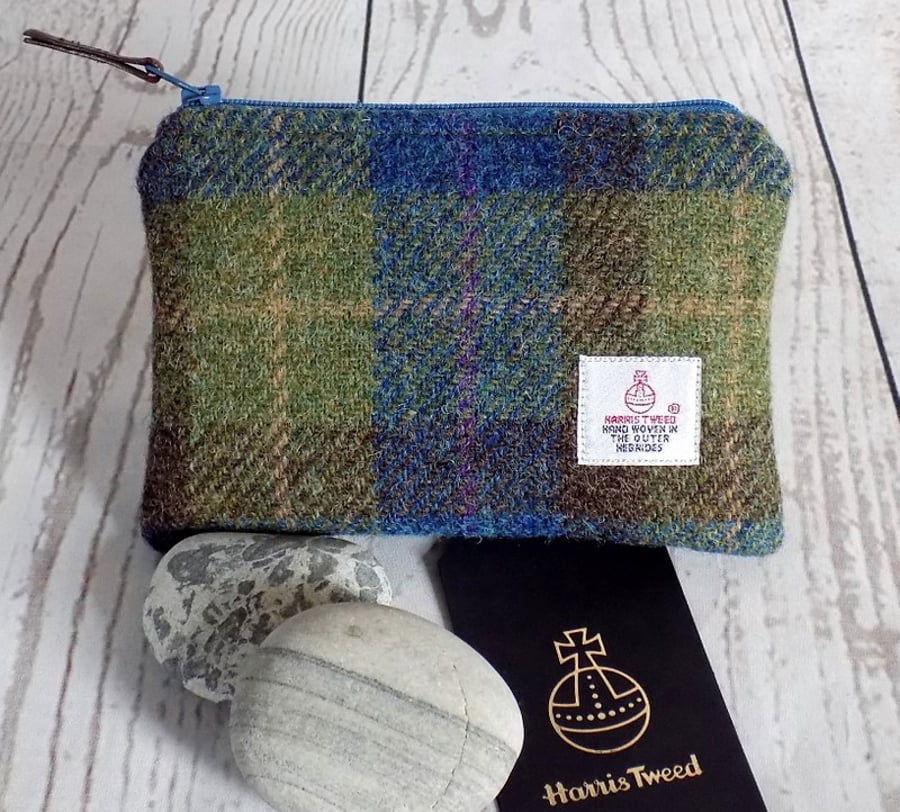 Harris Tweed large coin purse.  Tartan weave in moss green, blue and brown
