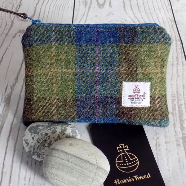 Harris Tweed large coin purse.  Tartan weave in moss green, blue and brown