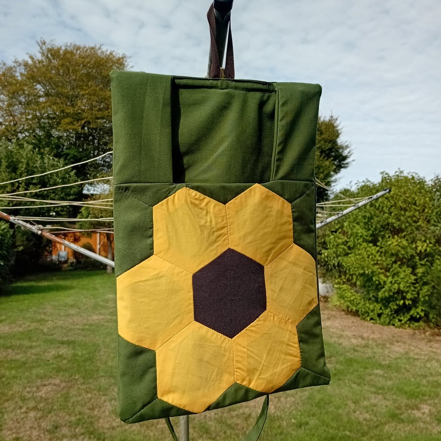 Peg bag with shoulder strap & other hooks. Green with patchwork sunflower 
