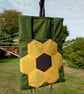 Peg bag with shoulder strap & other hooks. Green with patchwork sunflower 