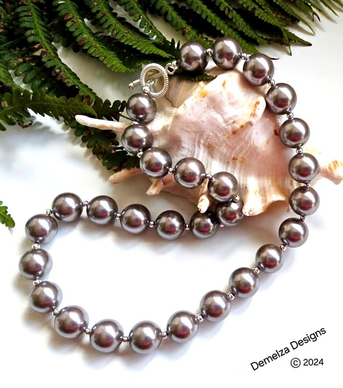 Statement Ash Gray Shell Pearl  Winter Necklace Silver Plated