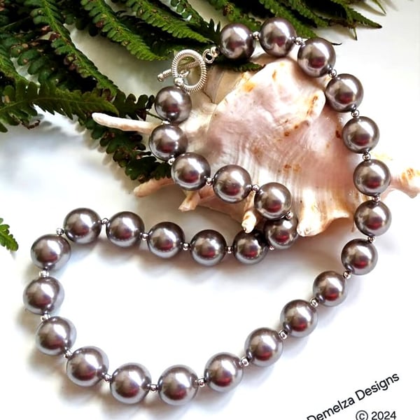Statement Ash Gray Shell Pearl  Winter Necklace Silver Plated