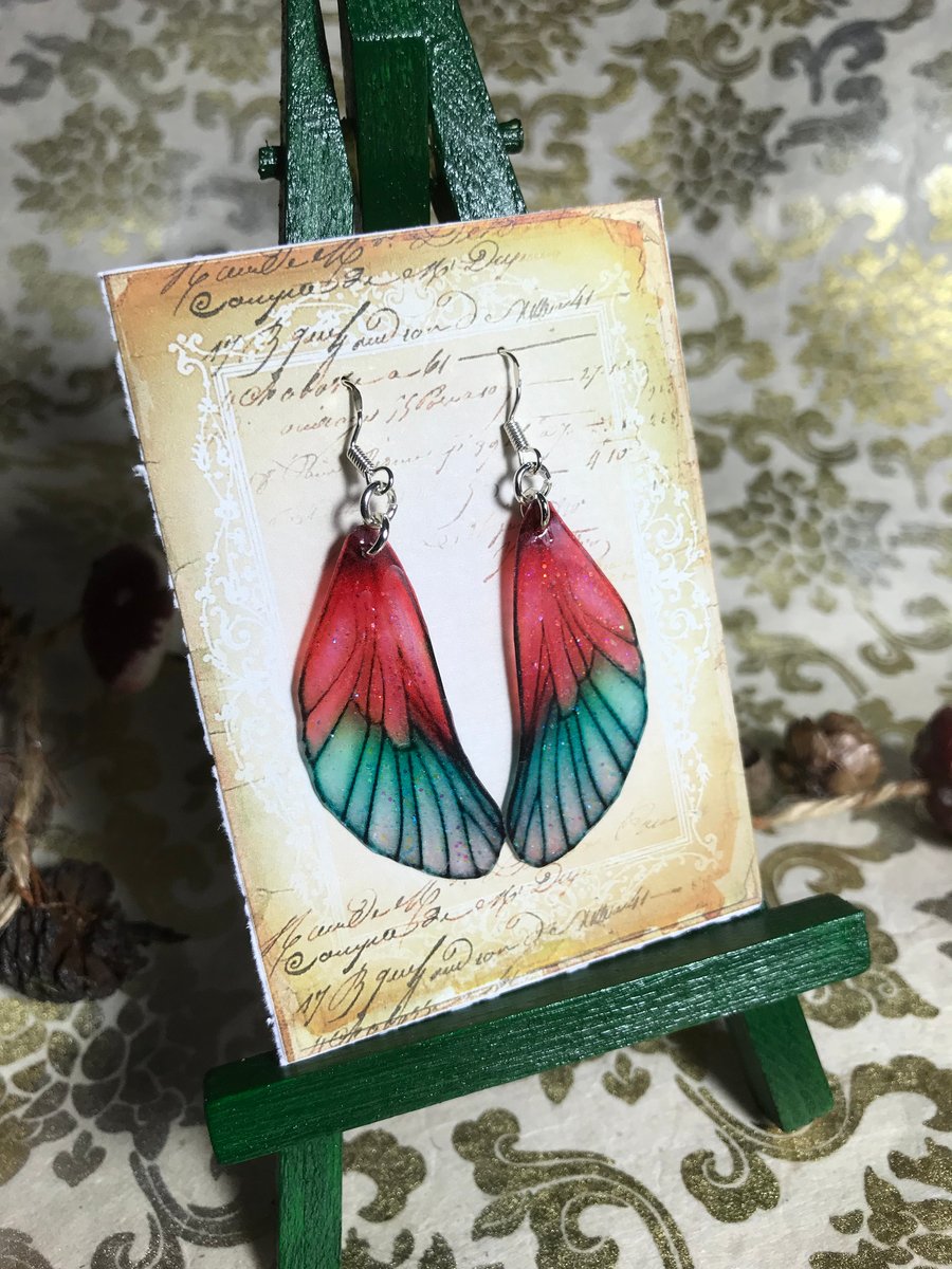Glittery Red and Green Fairy Wing Sterling Silver Earrings