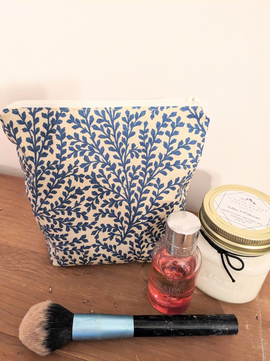 Blue and white makeup or toiletries bag in vintage Habitat fabric