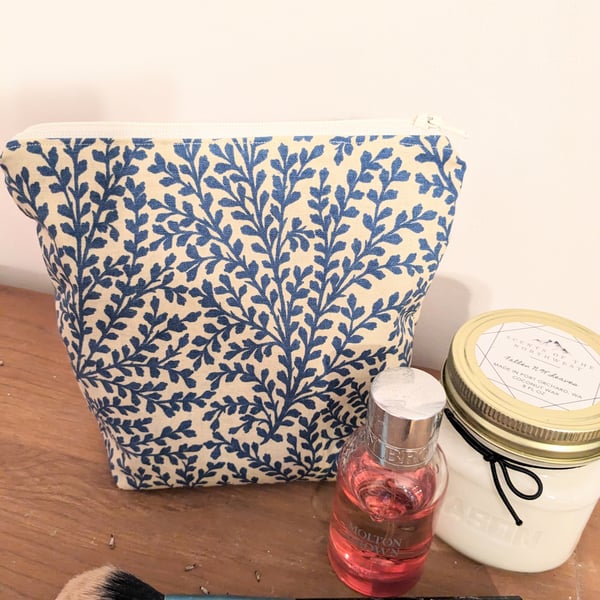 Blue and white makeup or toiletries bag in vintage Habitat fabric