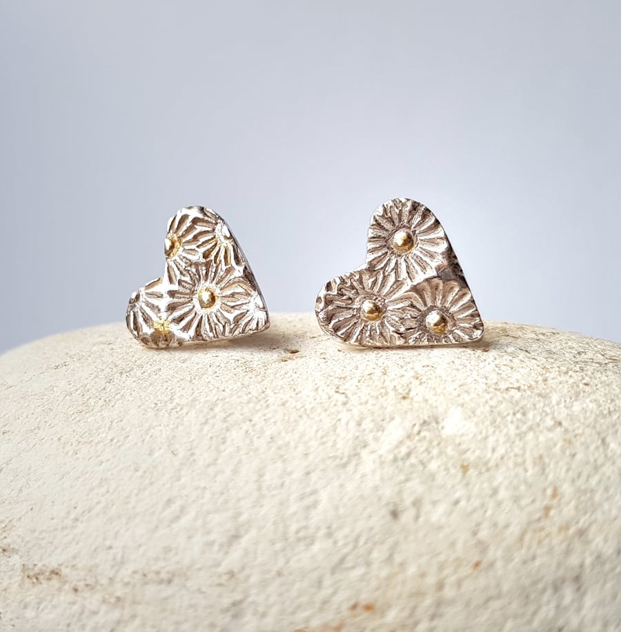Textured silver heart stud earrings with gold highlight Gift for her