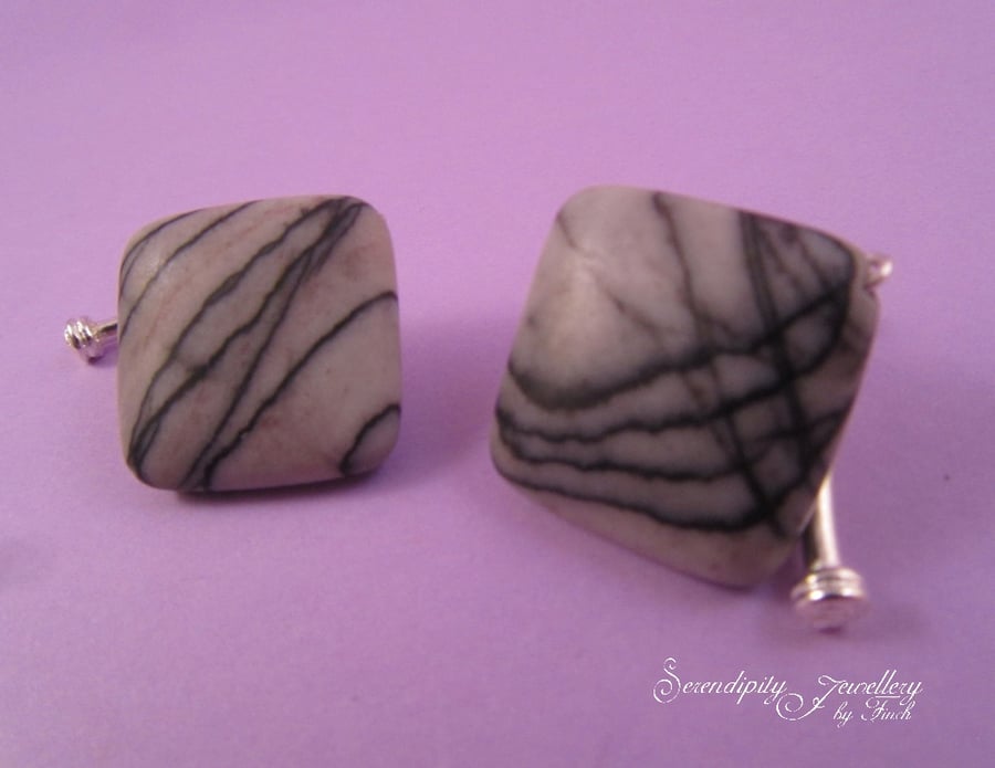 Black and Grey Striped Jasper Square Cuff Links, Jasper Cuff Links