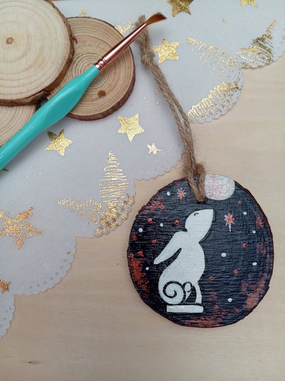 Moon gazing hare hand painted woodslice hanging decoration