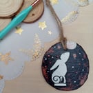 Moon gazing hare hand painted woodslice hanging decoration