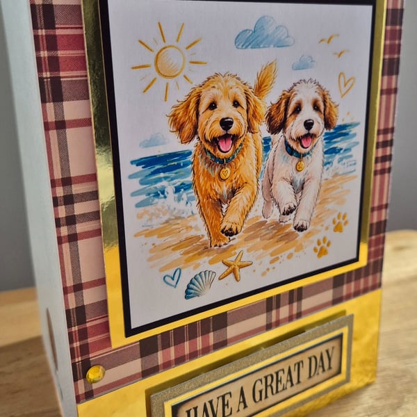 Handmade Greeting Card with Dogs on a Beach