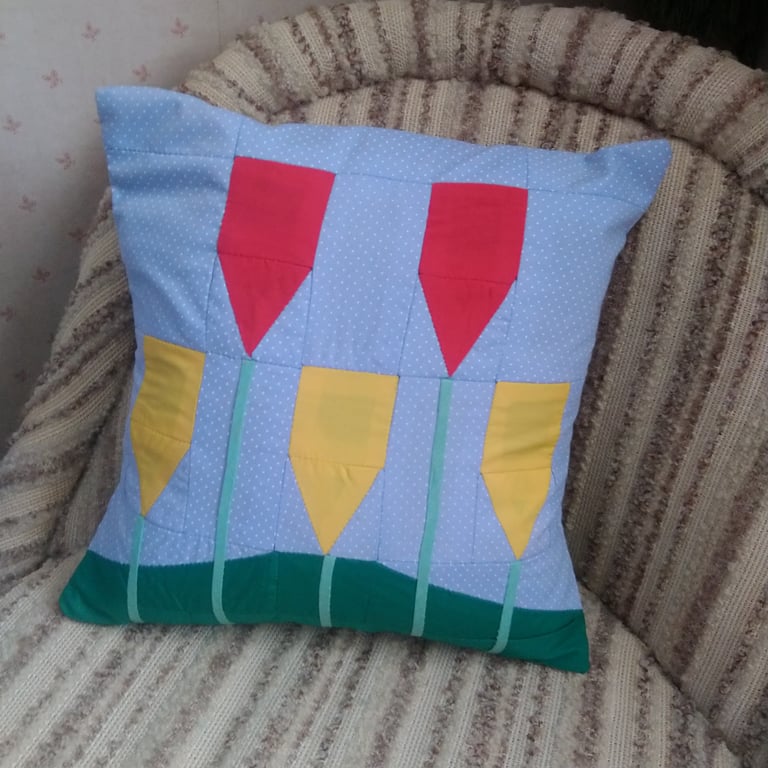 Patchwork cushion cover with tulip design. Unusual quirky cushion