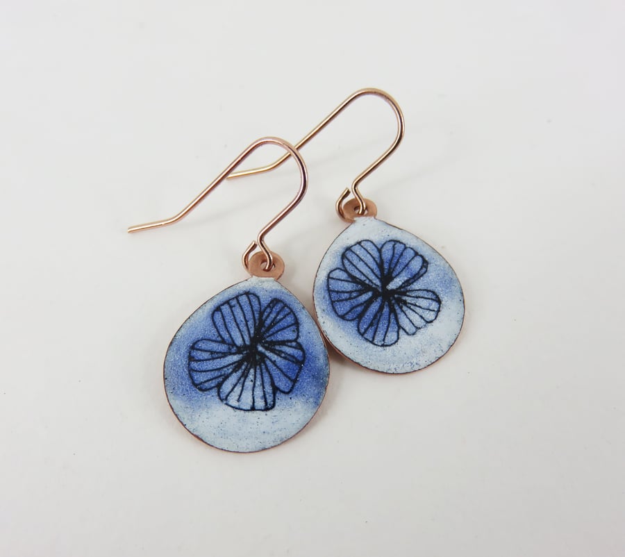 Hand Drawn Flower in Blue and White Enamel Dangle Earrings