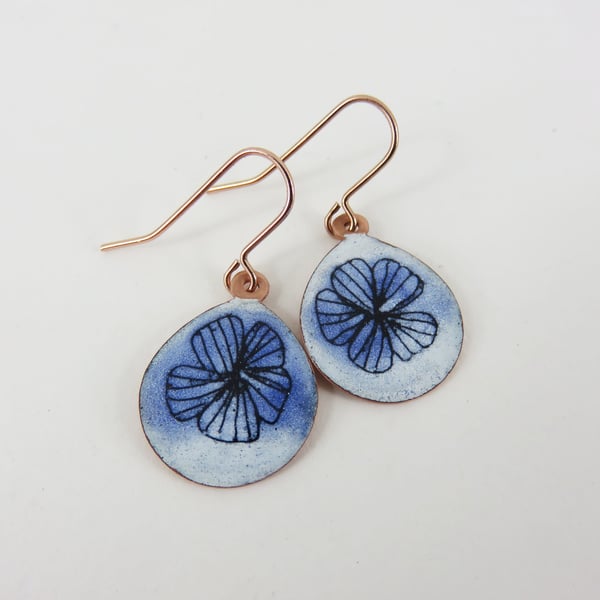 Hand Drawn Flower in Blue and White Enamel Dangle Earrings