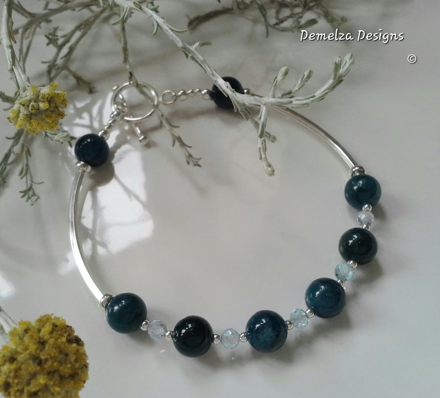 Designer Apatite & Sky Blue Topaz Sterling Silver Bangle Bracelet 
