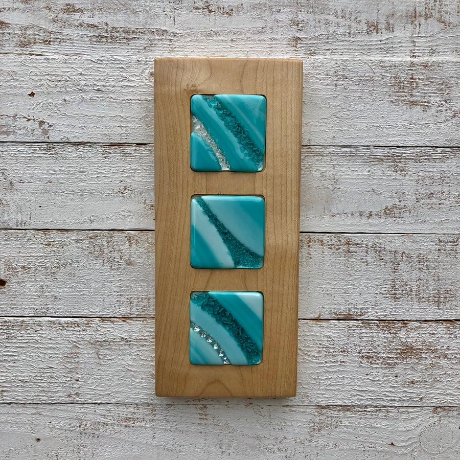 Fused Glass Picture - Soft Teal Art Glass on Sycamore