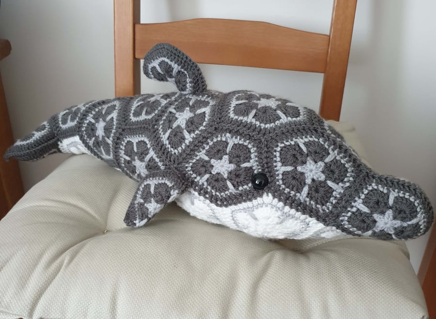 Crochet Grey and White African Flower Dolphin stuffed animal toy