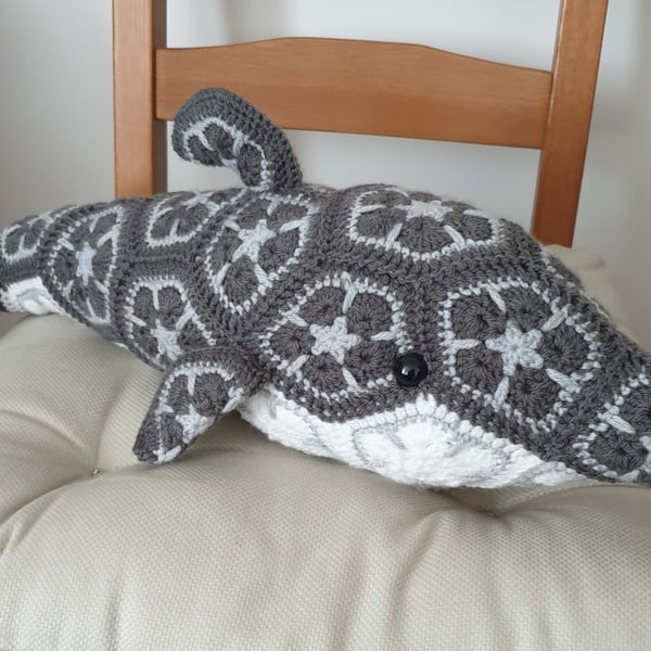 Crochet Grey and White African Flower Dolphin stuffed animal toy