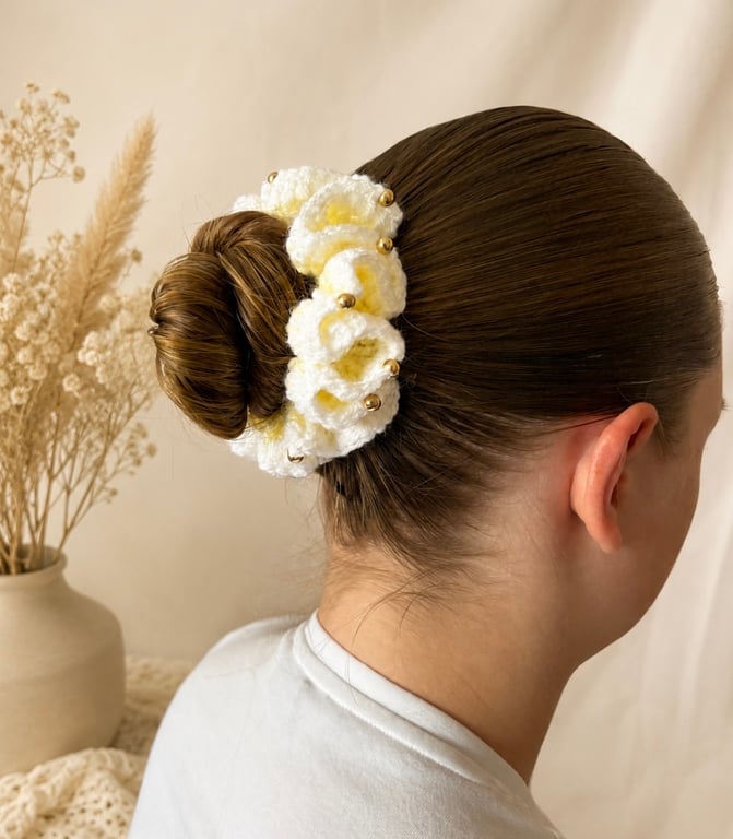 Chunky Yellow Crochet Scrunchie with Gold Beads, Handmade Ruffle Bun Holder