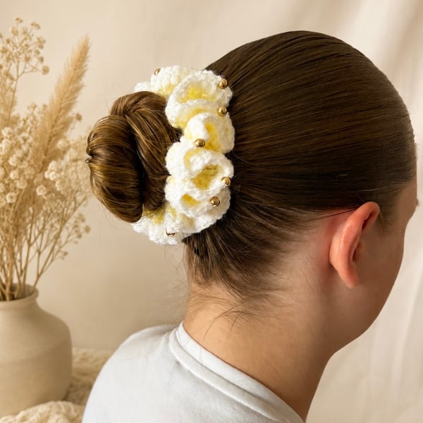 Chunky Yellow Crochet Scrunchie with Gold Beads, Handmade Ruffle Bun Holder