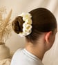 Chunky Yellow Crochet Scrunchie with Gold Beads, Handmade Ruffle Bun Holder