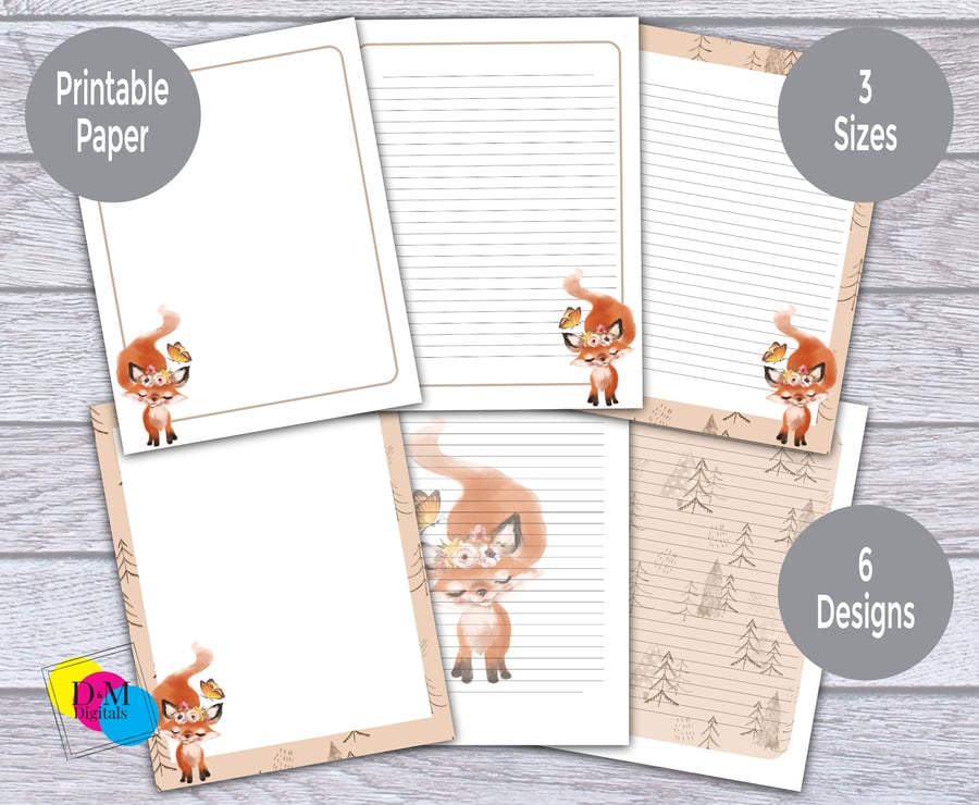 6 Cute Forest Fox Printable Letter Writing Papers for Kids, Lined and Unlined, 