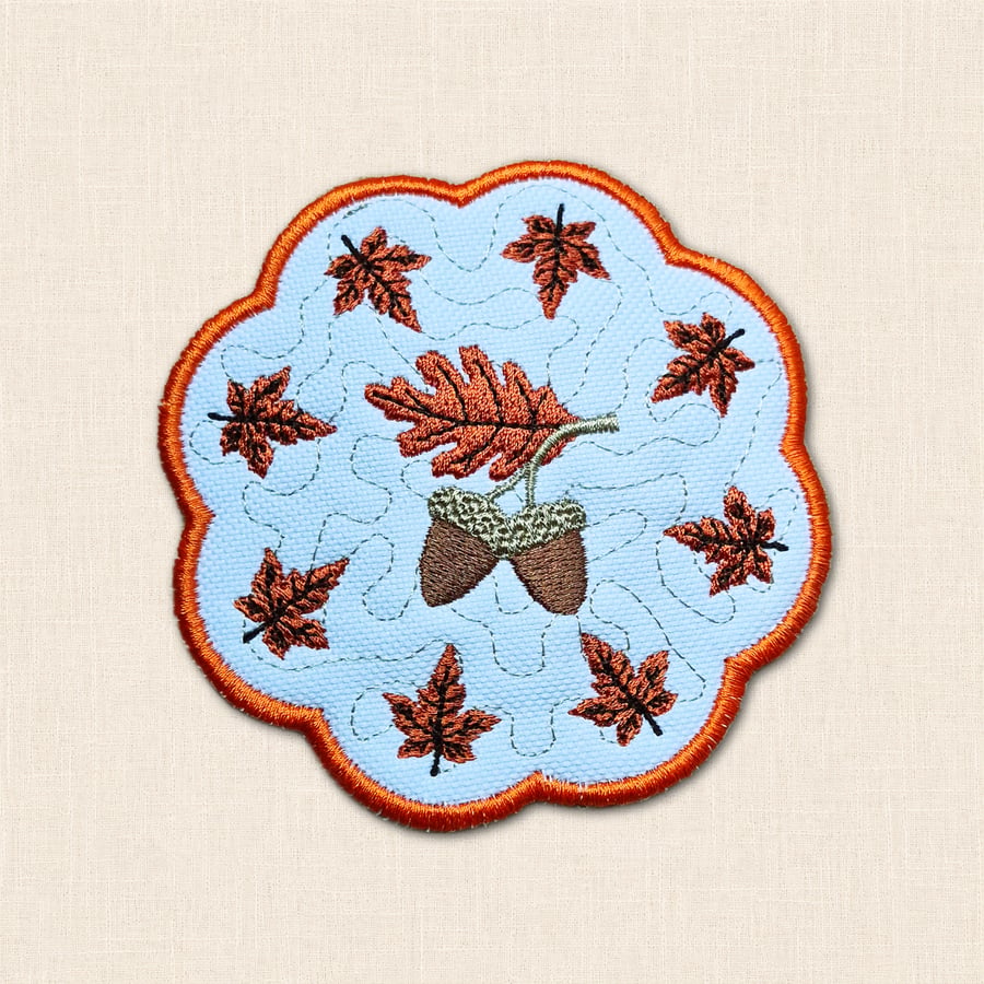 Autumn Acorn and Leaf Candle Coaster - Embroidered Woodland Home Decor