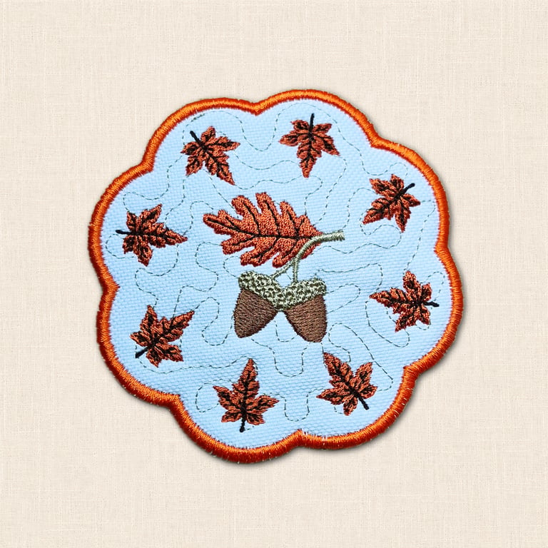 Autumn Acorn and Leaf Candle Coaster - Embroidered Woodland Home Decor