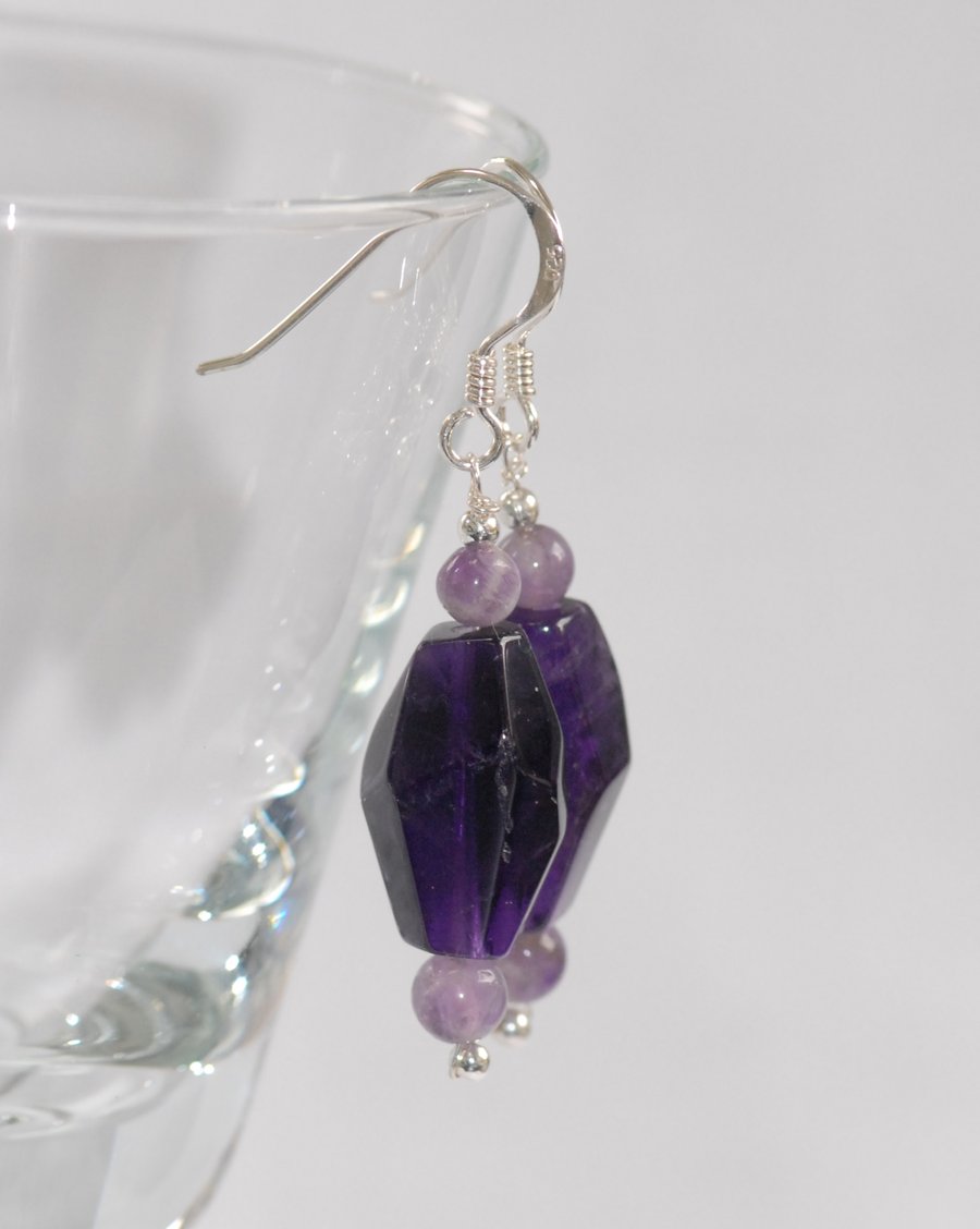 Faceted Purple Amethyst Nugget Silver Earrings