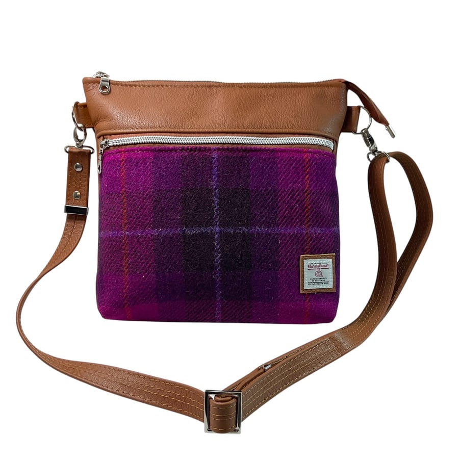 Genuine leather and Harris tweed handbag in tan and purple
