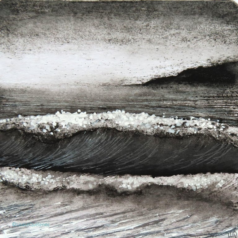 Mixed media black and white wave watching coastal beach scene