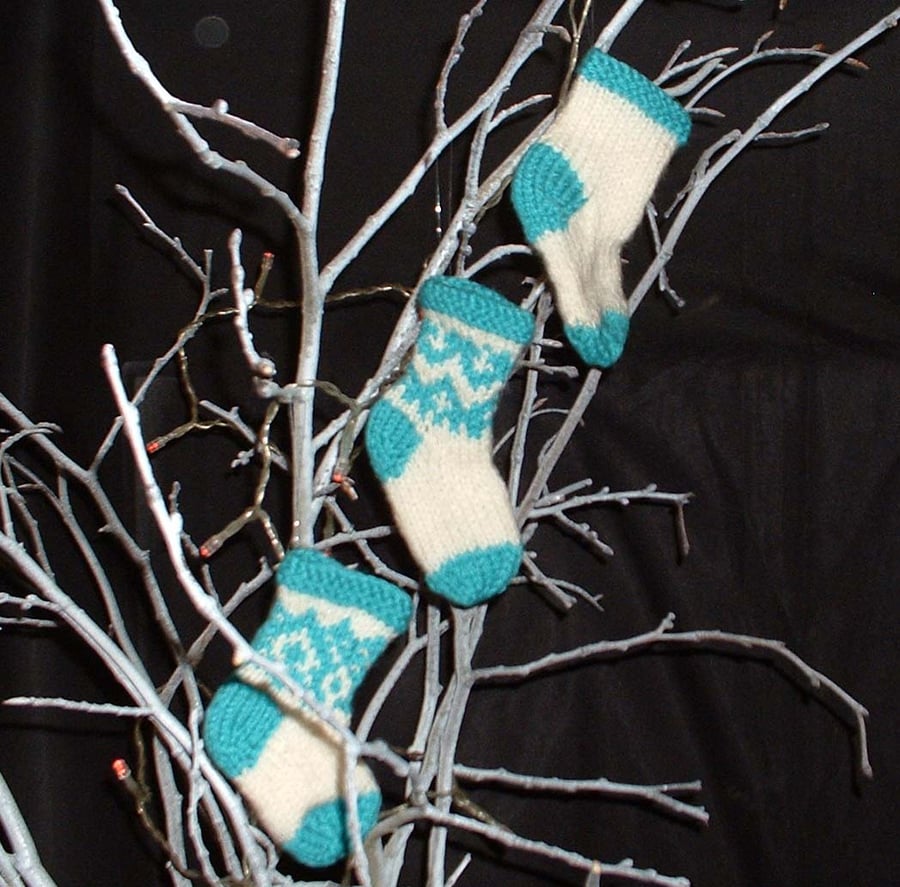 3 Hand knitted mini Christmas stockings - cream & turquoise green