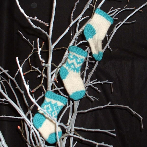 3 Hand knitted mini Christmas stockings - cream & turquoise green