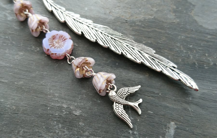 Feather bookmark with lilac flower beads and bird charm