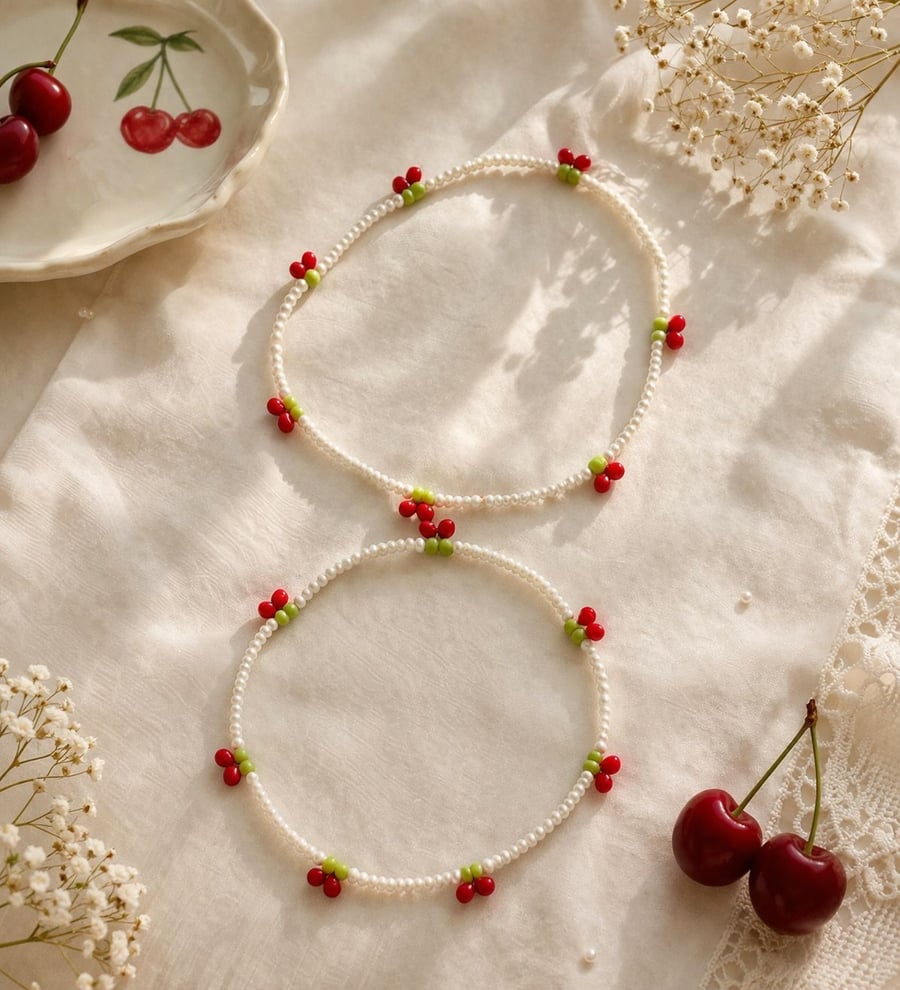 2x Cherry style anklets - minimalist beaded jewellery - gift for him and her 