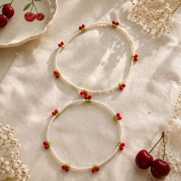 2x Cherry style anklets - minimalist beaded jewellery - gift for him and her 