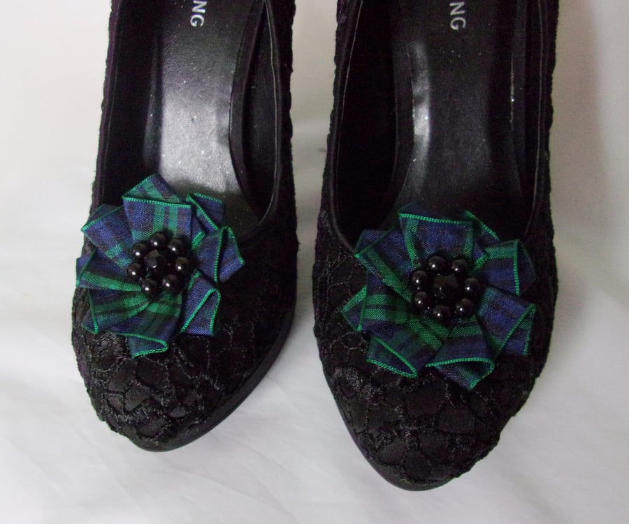 Black Watch Tartan Shoe Clips With Black Pearls - Burns Night Wedding