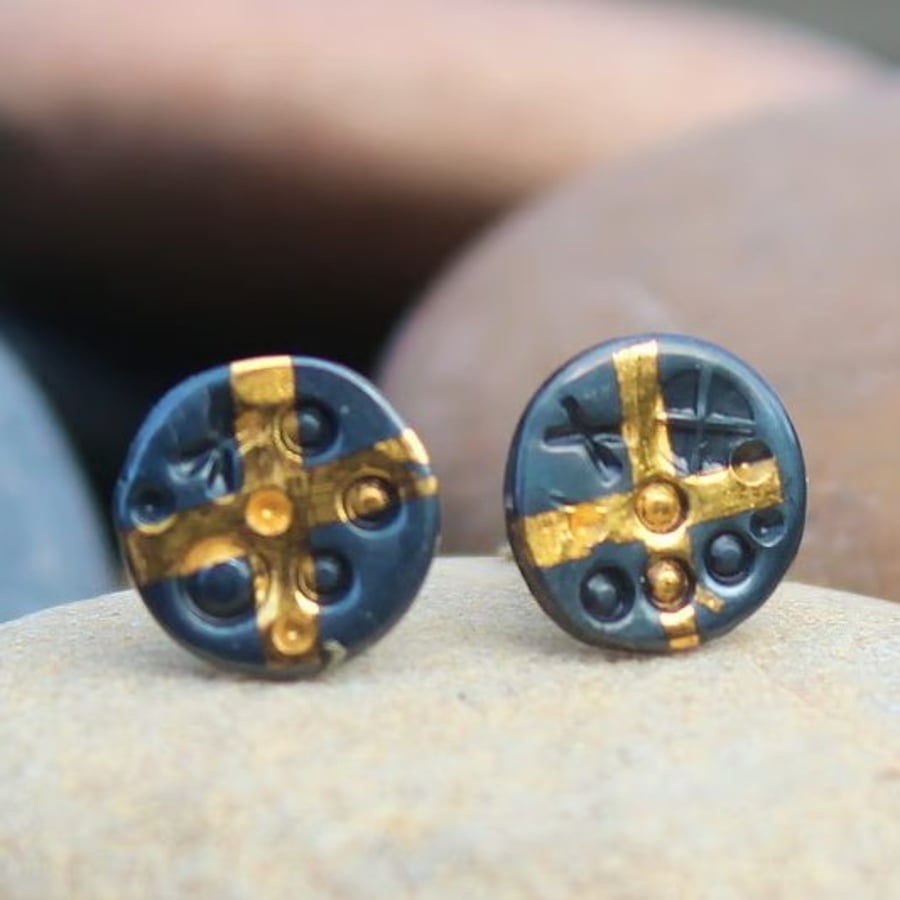 Small ear studs, silver and gold, Keum boo, oxidised with gold cross, round stud