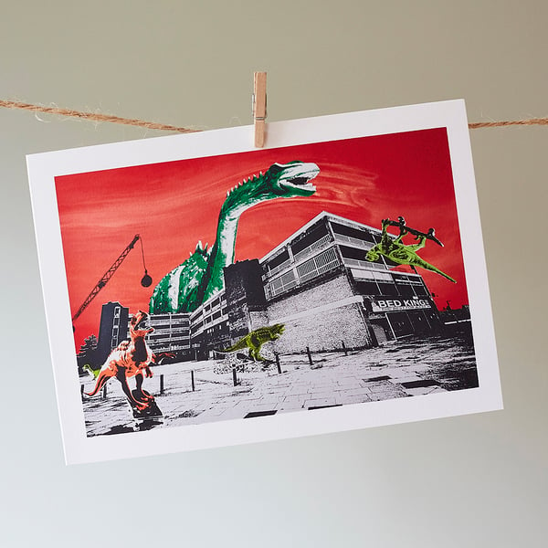 Teville Gate Dinos with red sky greetings card