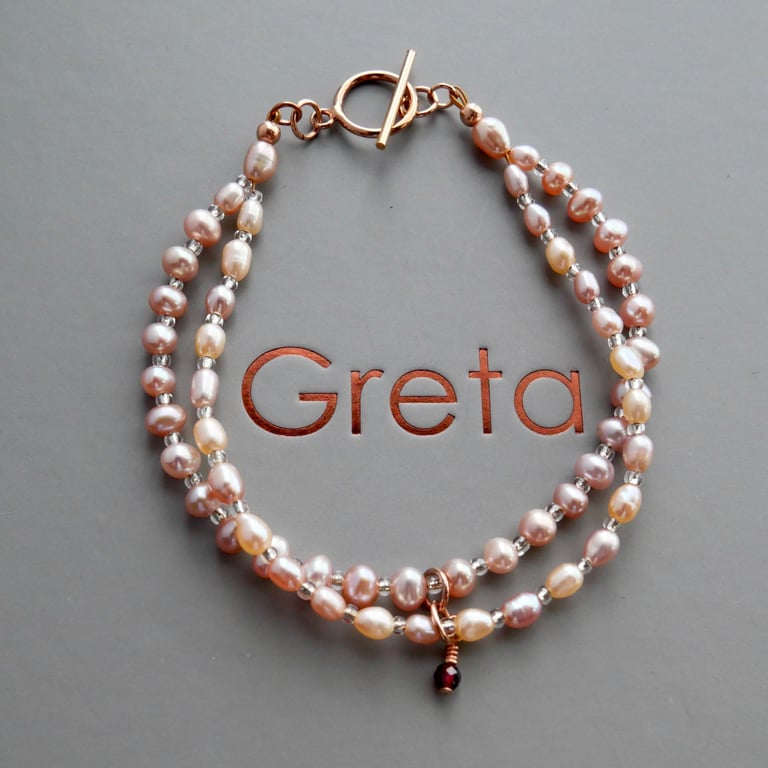 Double Strand Apricot and Pink Pearl Bracelet with Rose Gold Filled Toggle Clasp