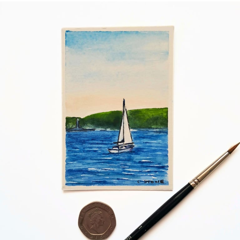 Original ACEO Miniature Watercolour Painting Sailing Boat,  Plymouth Sound Devon