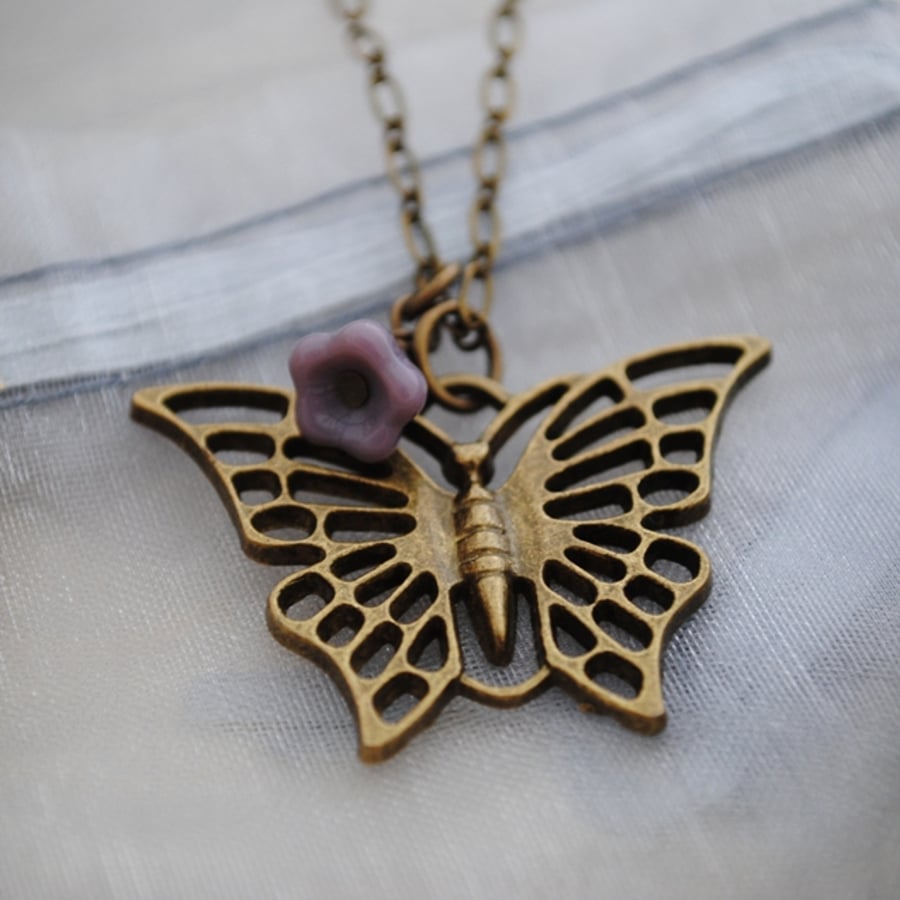 Sale-Butterfly & purple flower necklace
