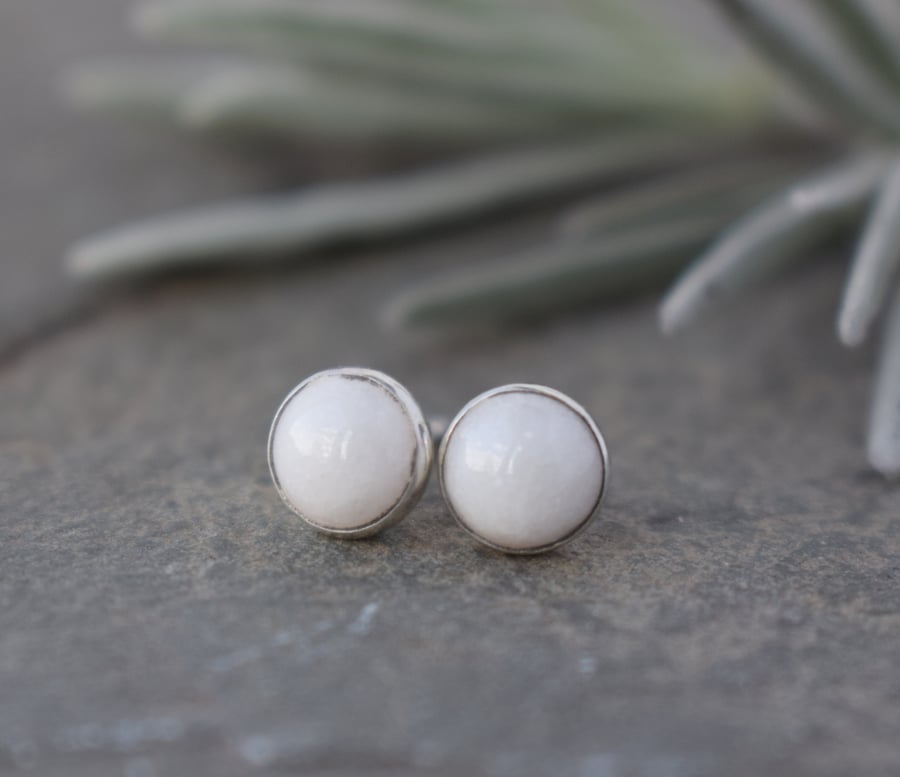 White Jade Stud Earrings - Sterling Silver Studs