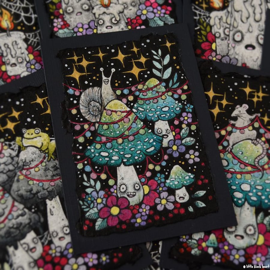 festive fungi - original aceo illustration